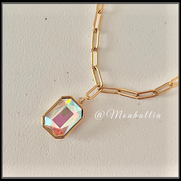 14k Gold Aurora Borealis Prism Emerald Cut Crystal Minimalist Necklace - Picture 3 of 7